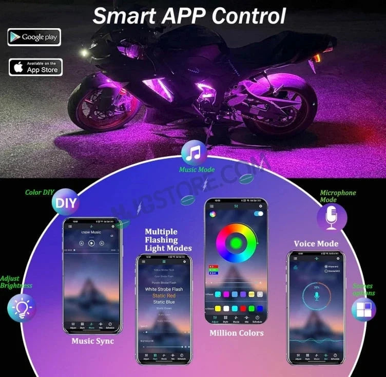 HJG RGB Motorcycle Ambient Light Kit (6 Pcs) | App Controlled | Waterproof
