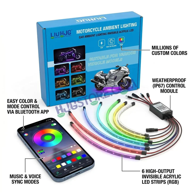 HJG RGB Motorcycle Ambient Light Kit (6 Pcs) | App Controlled | Waterproof
